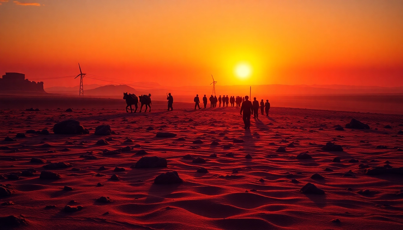 Group of travelers embarking on an exodus journey through a stunning desert landscape at sunset.