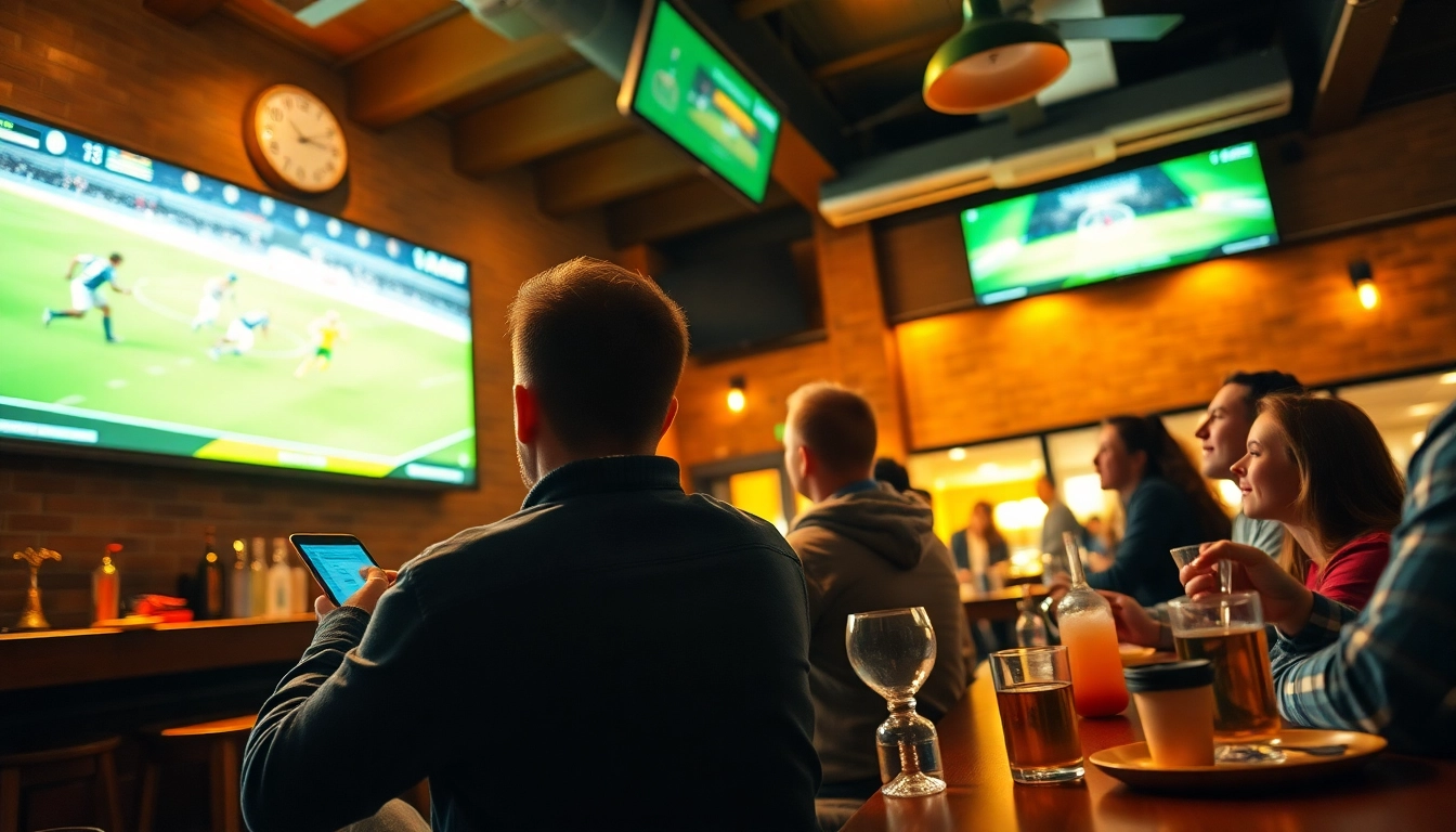 Fans engaging in judi bola terpercaya at a lively sports bar, cheering for their favorite team.