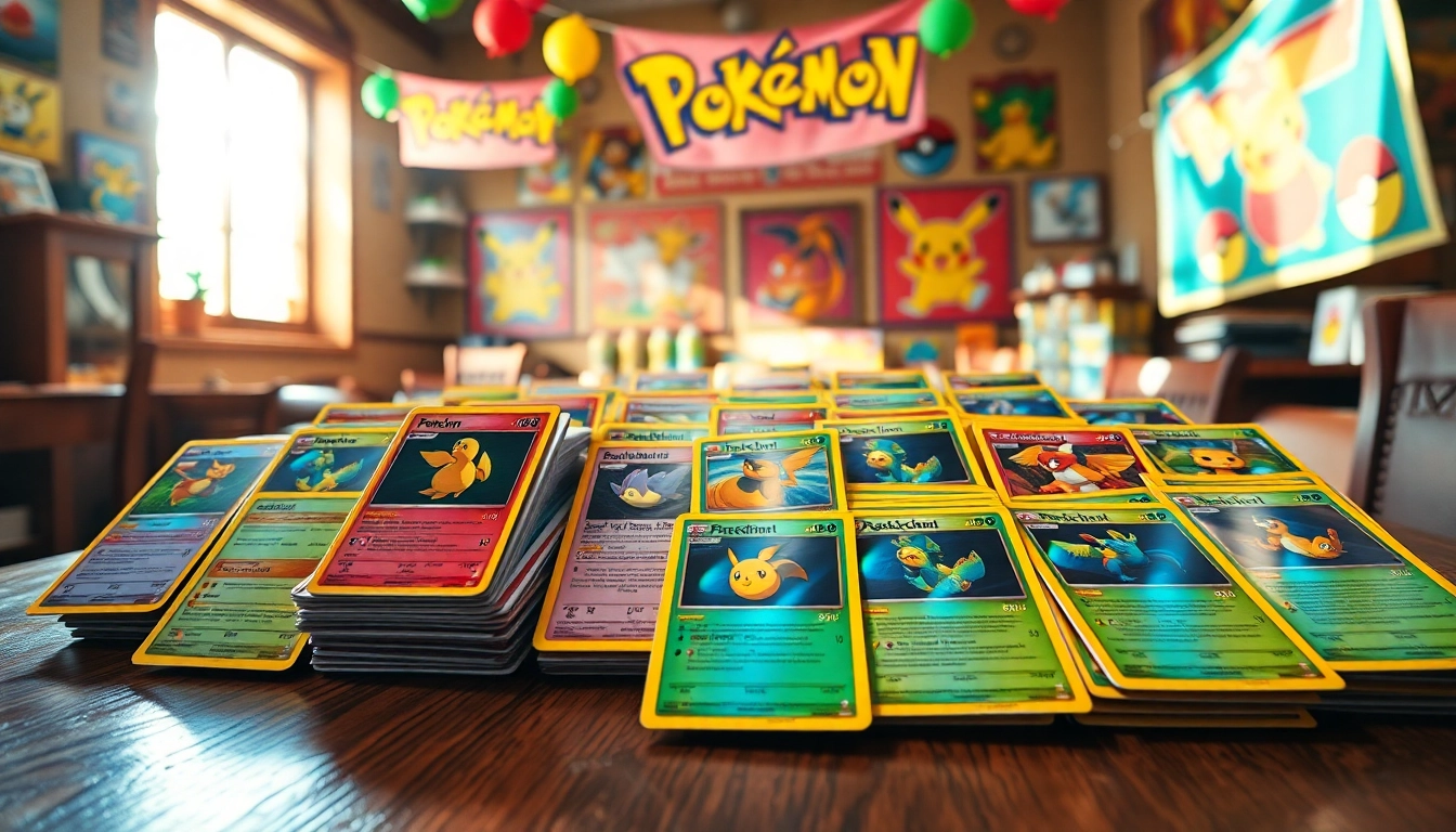 Showcase an impressive display of Real pokemon cards highlighting vibrant characters and holographic designs.