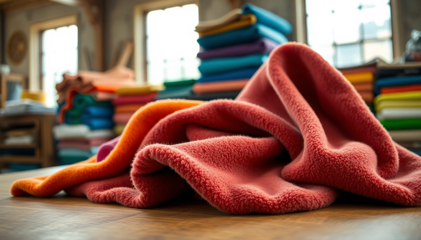 Fleece stof in levendige kleuren op een houten tafel met natuurlijke verlichting.