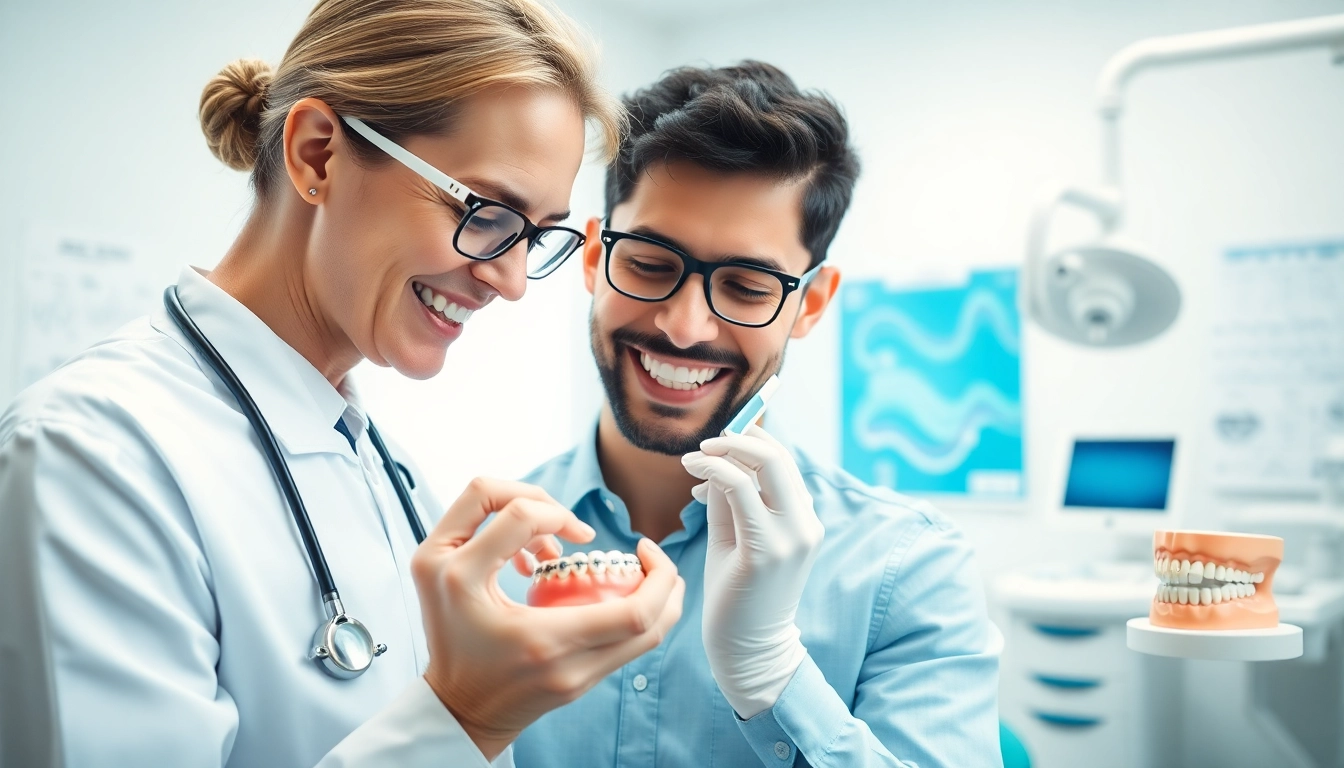 Orthodontist discussing braces Myrtle Beach with a patient in a professional dental clinic setting.