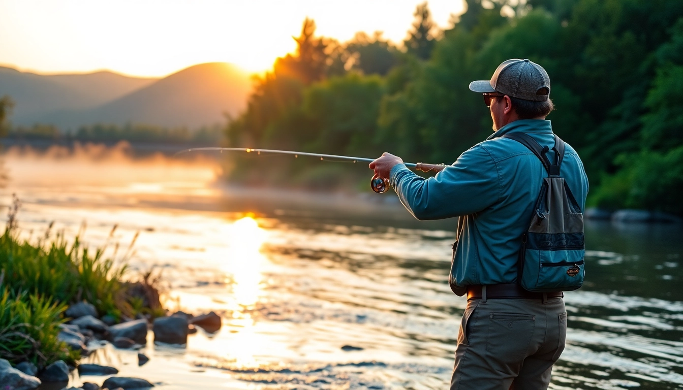 Engage in Fly fishing lessons near me with a skilled instructor casting a fly at sunrise beside a tranquil river.