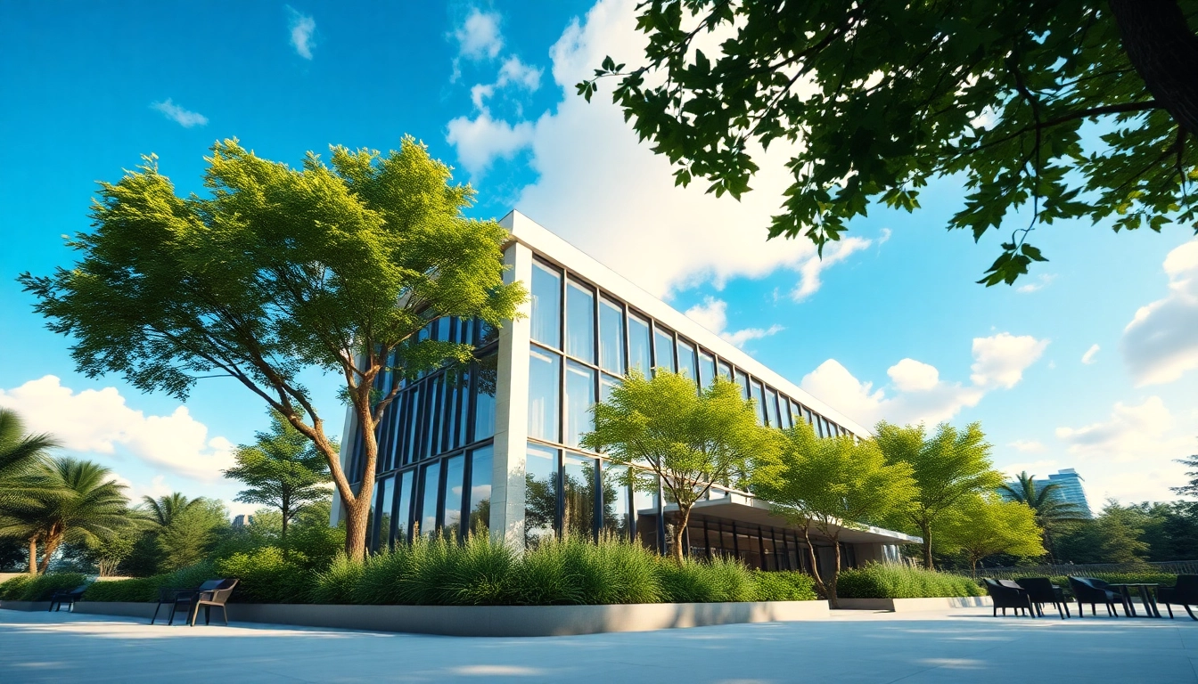 Architekturvisualisierung eines modernen Gebäudes umgeben von grüner Landschaft und eindrucksvollen Details.